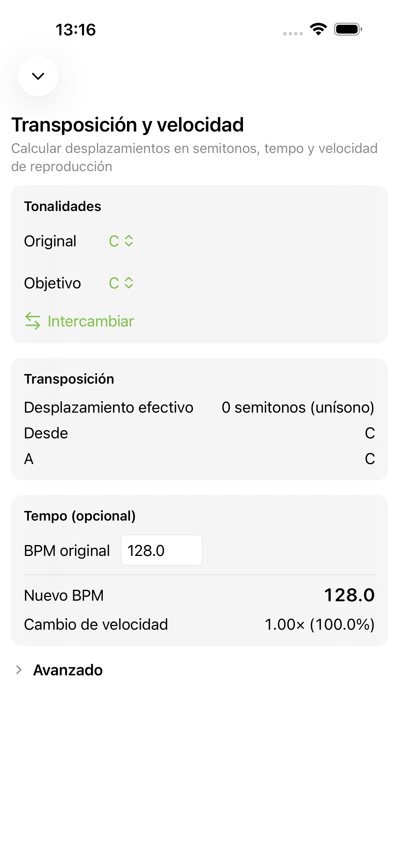 Herramienta de transposición y velocidad en iPhone